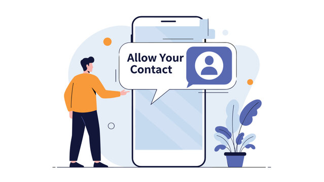Man using smartphone with large pop up message asking to allow contact access for mobile application privacy and security settings.