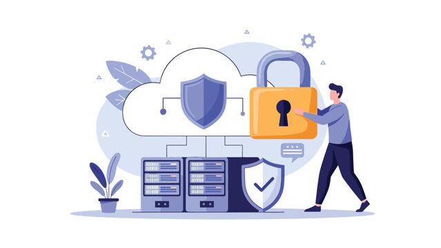 IT professional moving large padlock to secure server racks and cloud data storage for cyber security and information protection concept.