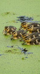 Group of ducklings feeding on green pond surface covered with duckweed