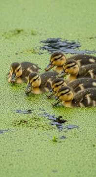 Group of ducklings feeding on green pond surface covered with duckweed