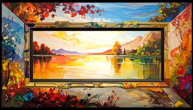 Vibrant Lakeside Landscape Painting with Intricate Frame Details and Warm Hues.