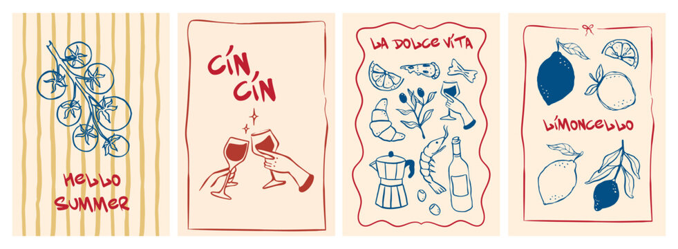 Vector set of four trendy hand drawn posters in whimsical style with food mediterranean illustrations