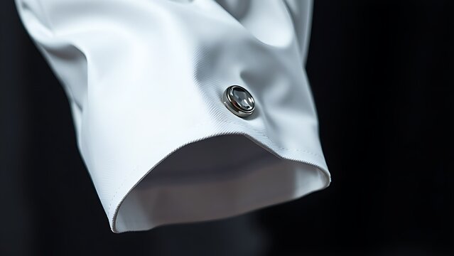 cufflink. Extreme close-up of a sophisticated cufflink on a crisp white shirt cuff. lifestyle magazines, social media lookbooks, designed for influencer and brand collaborations.

