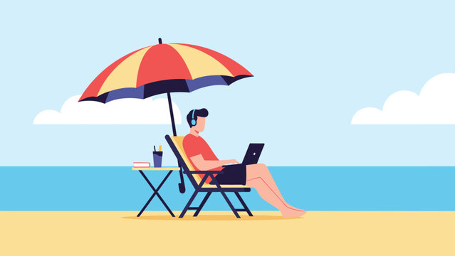 Freelancer works on his laptop while sitting on a beach chair under a colorful umbrella with a beautiful ocean view in the background.