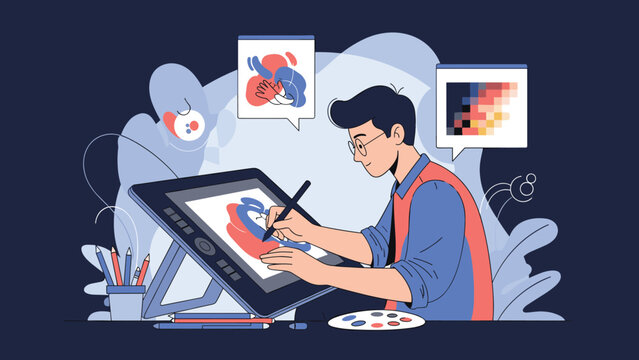 Creative digital artist uses a stylus to draw illustrations on a professional graphics tablet while surrounded by colorful design tools.