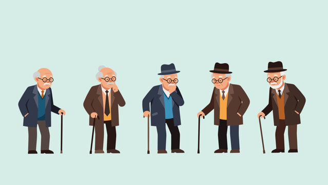 Five elderly men with glasses and walking canes stand in a row showing different stages of aging and character in a simple vector style.