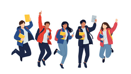 Fototapeta premium Group of diverse students jumping for joy while holding books and tablets celebrating academic graduation success.