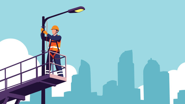 Electrician in safety gear working on street light pole with city skyline representing urban infrastructure maintenance.