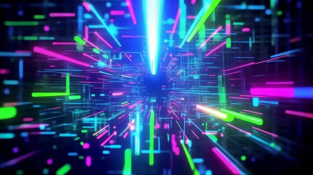 Bright colors and abstract shapes create a dynamic visual effect with light trails and patterns. This content can be used for technology, entertainment, or creative projects