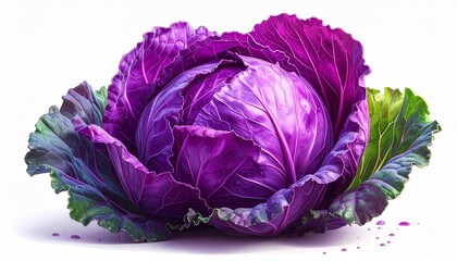 Obraz premium Vibrant Red Cabbage Head with Outer Green Leaves on White.