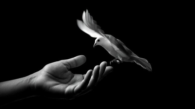 one white dove flying over one outstretched hand, against a black background, in the style of photography,