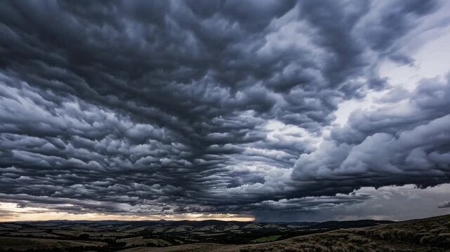 Bulging mammatus clouds over rolling hills, undulating cloud pockets forming textured ceiling above patchwork fields, low sun casting silver rim light near horizon, distant rain curtain and brooding