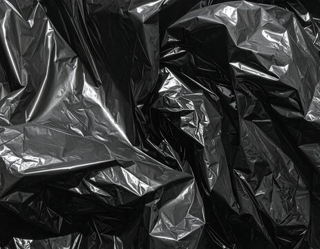 Crumpled black plastic bag with shiny surface