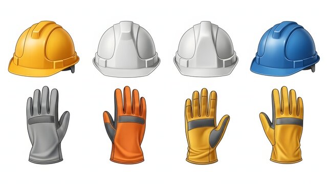 Set of colorful construction helmets and work gloves