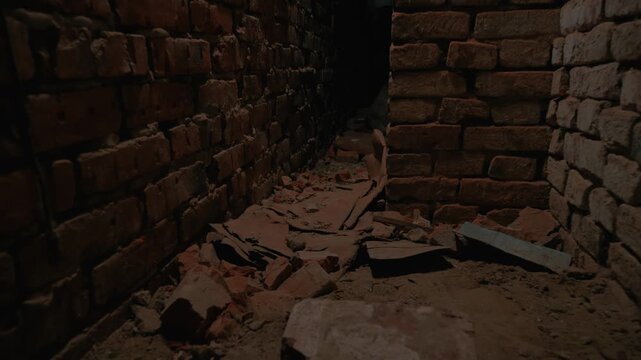 A terrifying first-person view through a dark, narrow corridor of an abandoned basement. The brick walls are dirty, and the floor is covered in rubble. The low light creates a scary, horror mood