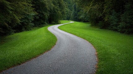 Obraz premium Curved Gravel Pathway Winding Through Lush Green Forest Surrounded by Verdant Grass and Tall Trees, Inviting a Journey into Nature's Tranquility