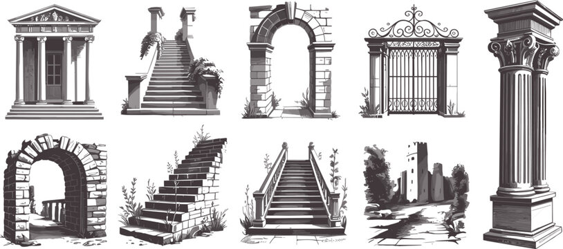 Ancient architecture elements set with stairs arches columns gates ruins vintage line art sketch vector illustration collection