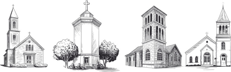 Church buildings and memorial tower illustration set with detailed religious architecture vintage line art sketch vector collection © Jakiatur
