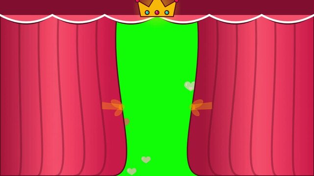 Animated Cartoon Red Theater Curtains with Golden Crown Opening to Green Screen Background, Stage Performance Transition with Chroma Key
