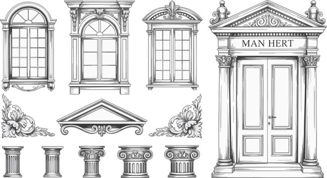 Classic architectural elements set with vintage windows columns door facade ornaments line art vector illustration detailed design collection