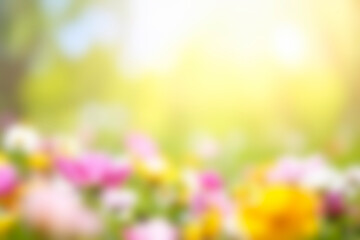 Spring meadow with blooming flowers blur background. Soft focus.