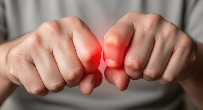 Close up of a person's hands with a painful looking red spot on the knuckles indicating arthritis or joint pain
