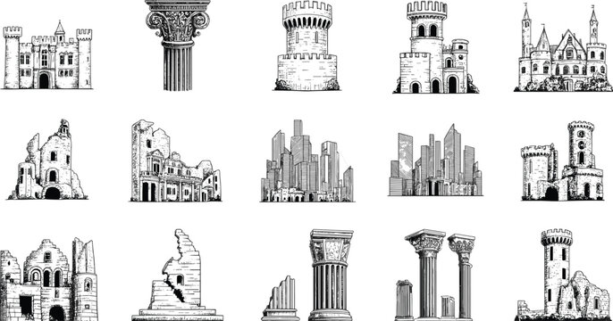 Set of historical architectural icons featuring medieval castles ancient ruins roman columns and modern city skyscrapers vector illustration