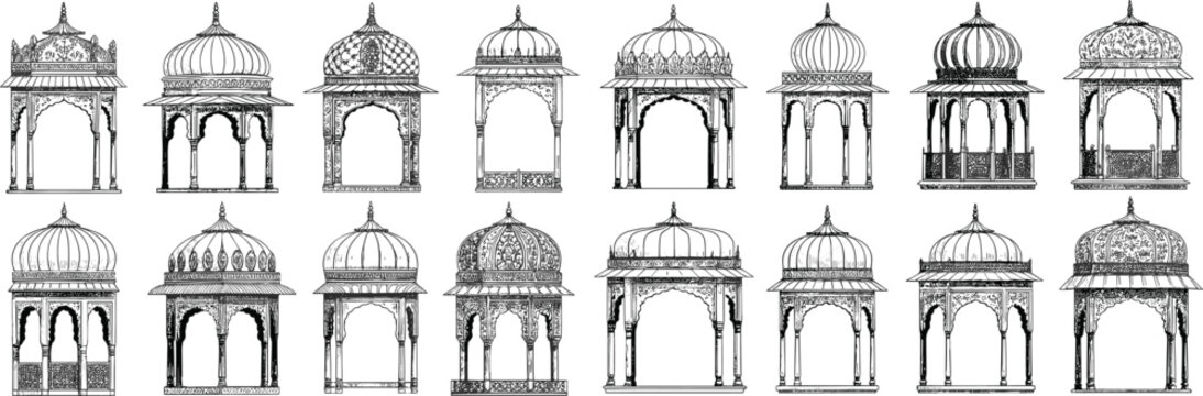 Set of traditional Indian Chhatri vector icons with ornate dome structures and architectural details for heritage design projects