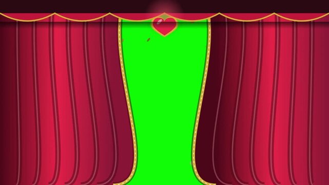 Animated Red Theater Curtains Opening with Heart Detail to Reveal Green Screen Chroma Key Background