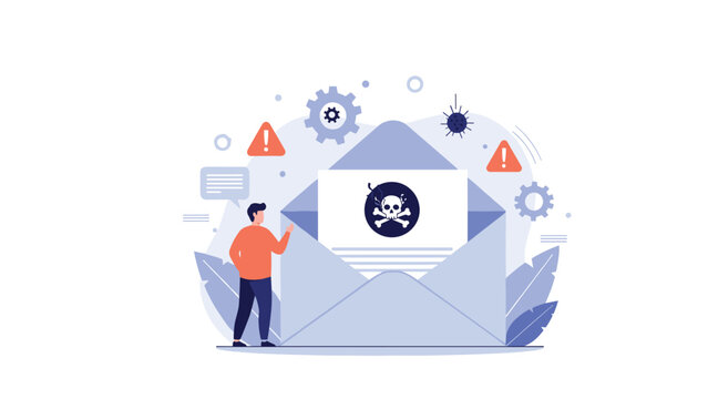 Cybersecurity alert concept with a man standing near a large open envelope containing a malicious letter with a skull symbol.