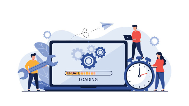 Software update concept showing a laptop screen with a loading progress bar and tiny people working on system maintenance.
