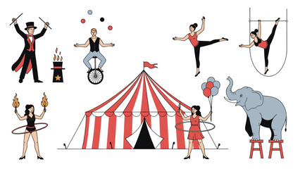 Fototapeta premium Diverse collection of circus performers including a magician, juggler, acrobat, and elephant gather around a red and white striped tent.