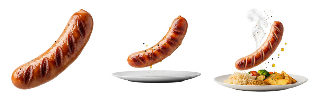 A mouthwatering image of sausages flying through the air onto plates with food on transparent background