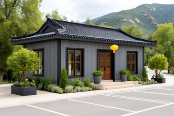 Fototapeta premium Chinese style building with traditional roof and yellow lantern