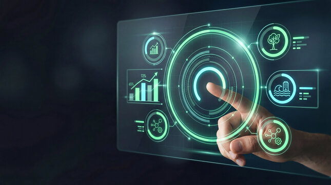 Futuristic digital interface with human hand pointing at virtual circular control and data icons, technology concept with glowing holographic display and analytics charts