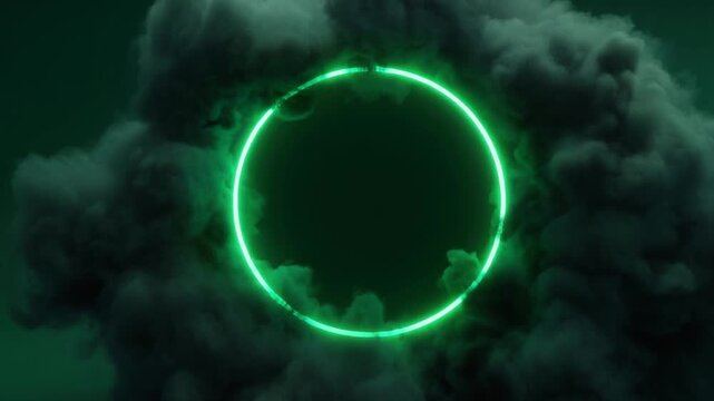 Glowing green neon circle with electric blue lightning and dark smoke background futuristic design