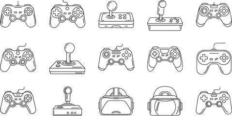 Gaming Controller and Joystick Outline Icon Set with VR Headset Line Art Vector Collection Isolated on White Background © nice