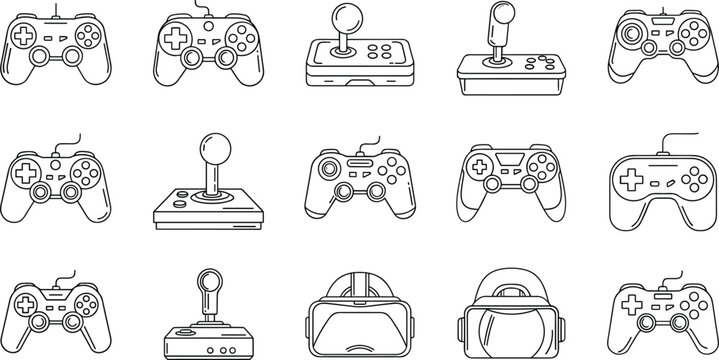 Gaming Controller and Joystick Outline Icon Set with VR Headset Line Art Vector Collection Isolated on White Background
