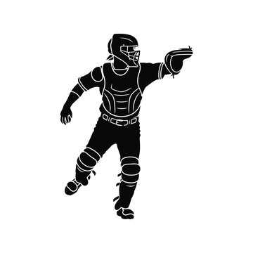 Baseball Catcher Silhouette Vector Illustration in Protective Gear Isolated on White Background