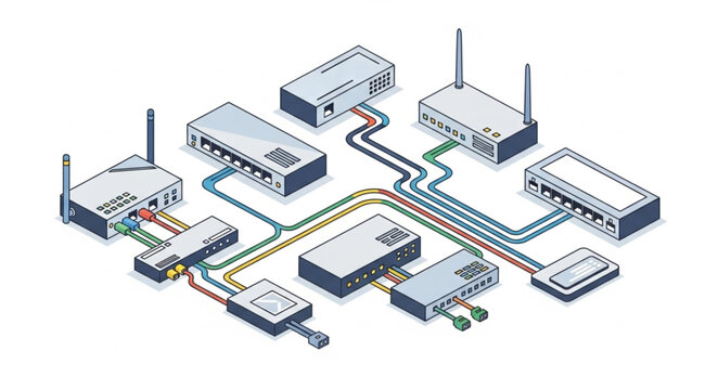 Network Topology Illustration with Routers, Switches, and Cables.