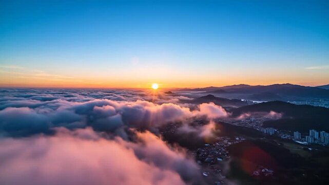 Sunrise over a sea of clouds above a distant city and mountains