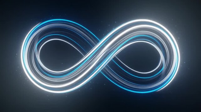 Glowing infinity symbol with blue and white light trails on dark background representing endless concept