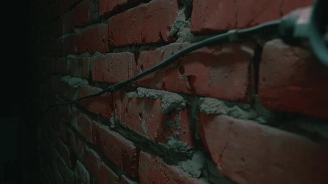 A close-up of a dirty brick wall in a dark basement. An old electrical wire and junction box create a tense, mysterious atmosphere. Movement along the wall