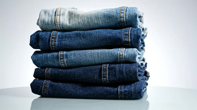 stack of folded blue denim jeans stacked on a smooth reflective surface with a neutral background