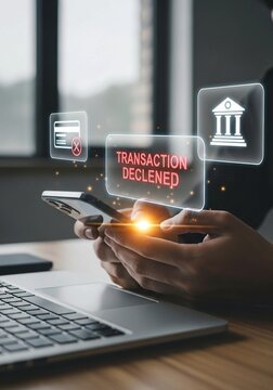 Man experiencing credit card transaction declined error on smartphone at desk with laptop.