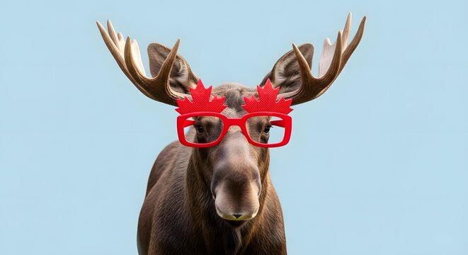 Canada day moose wearing red glasses and fire crown on light blue background celebrating canadian national holiday