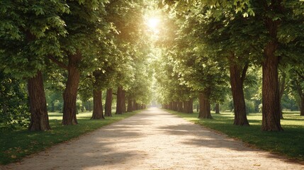 Fototapeta premium Serene Tree-Lined Pathway in a Lush Green Forest Illuminated by Soft Sunlight, Perfect for Nature Lovers Seeking Tranquility and Beauty
