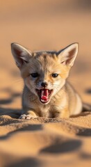 Naklejka premium Fox kit vocalizing while lying on sandy ground outdoors