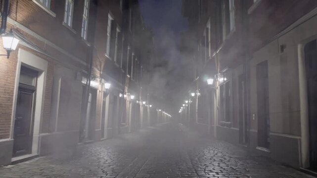 Foggy cobblestone alley at night, lamplight glow and mist drifting over wet cobbles, empty brick facades flanking narrow street, cinematic noir atmosphere with eerie silence and long perspective,