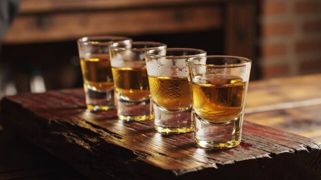 Bartender's hand placing shots of amber liquor on a rustic wooden plank, close-up view in low light